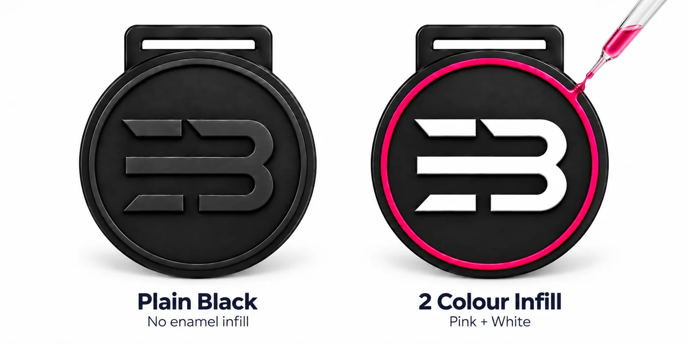 Plain black medal compared with a black medal with pink and white enamel infill
