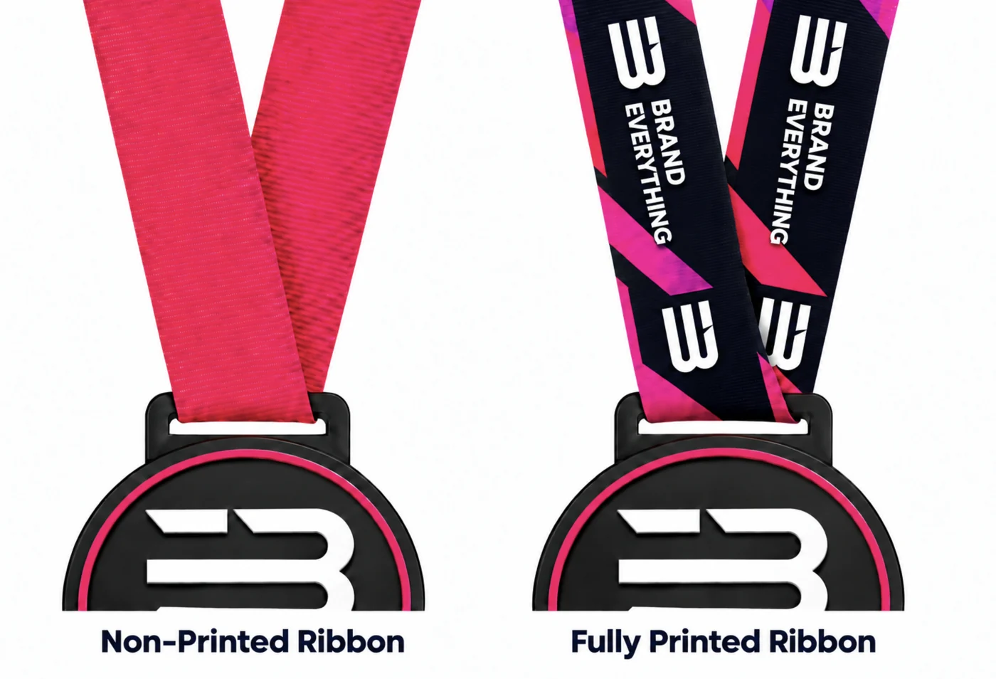 Plain ribbon compared with a custom printed black, white and pink medal ribbon